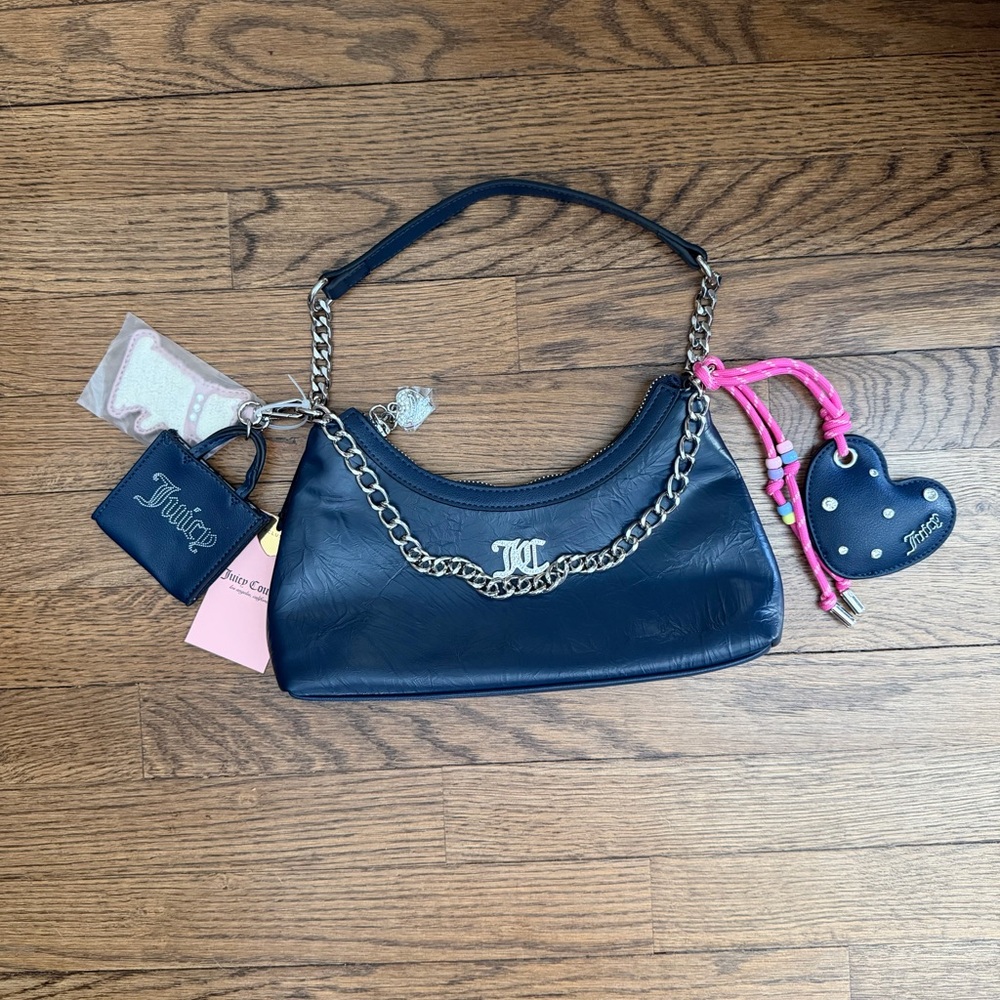 Juicy Couture Blue Shoulder Bag with Silver Terrier, Heart and Bag Charms